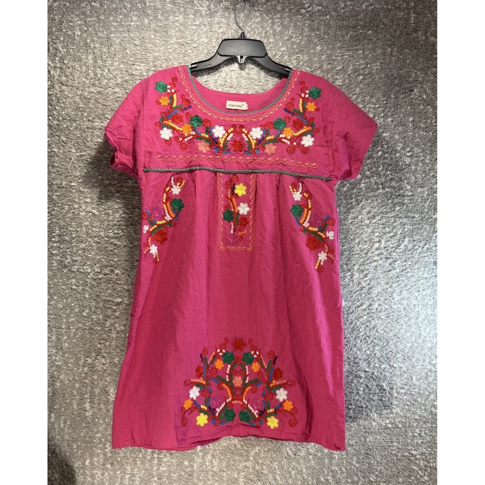 YZXDORWJ Women Mexican Embroidered Peasant Dress L Boho Tunic Festival Pink